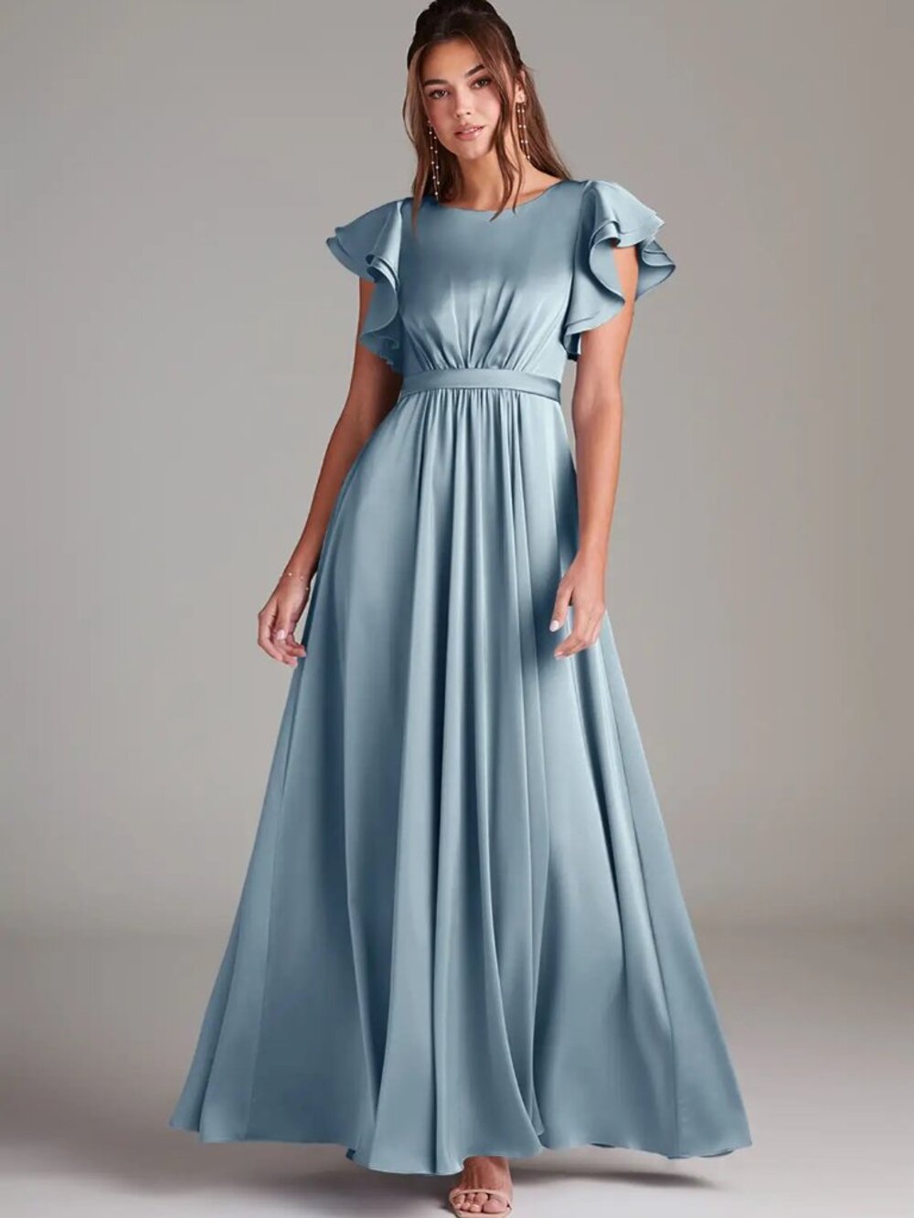 NWT Azazie Daphne Dusty Blue Stretch Satin Dress Size 2
